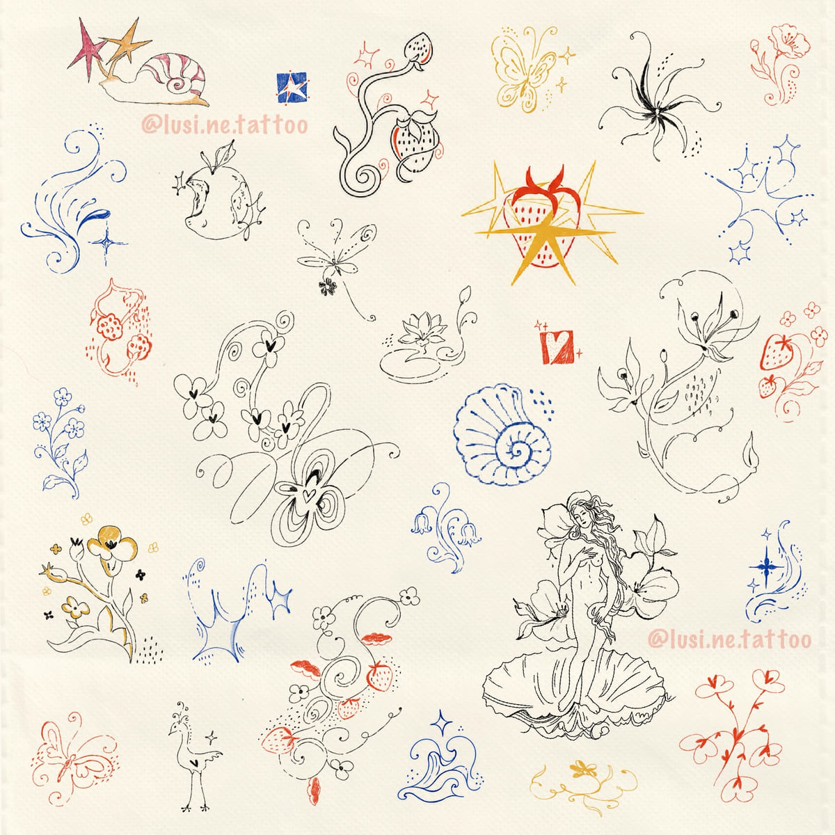 Summer flash sheet in color, about thirty designs: snail with star shell, strawberries, swirls, nautilus, Venus on a shell, sparkles, vines