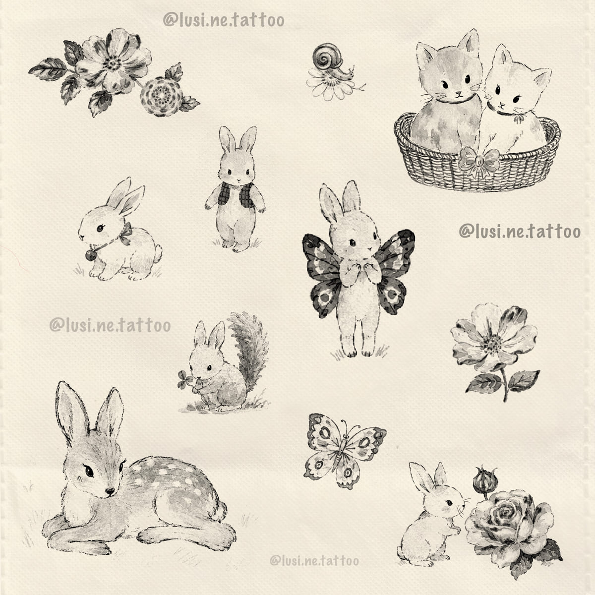 Storybook flash sheet in soft pencil shading: kittens in a basket, bunnies, fawn, squirrel, butterfly bunny, roses, snail