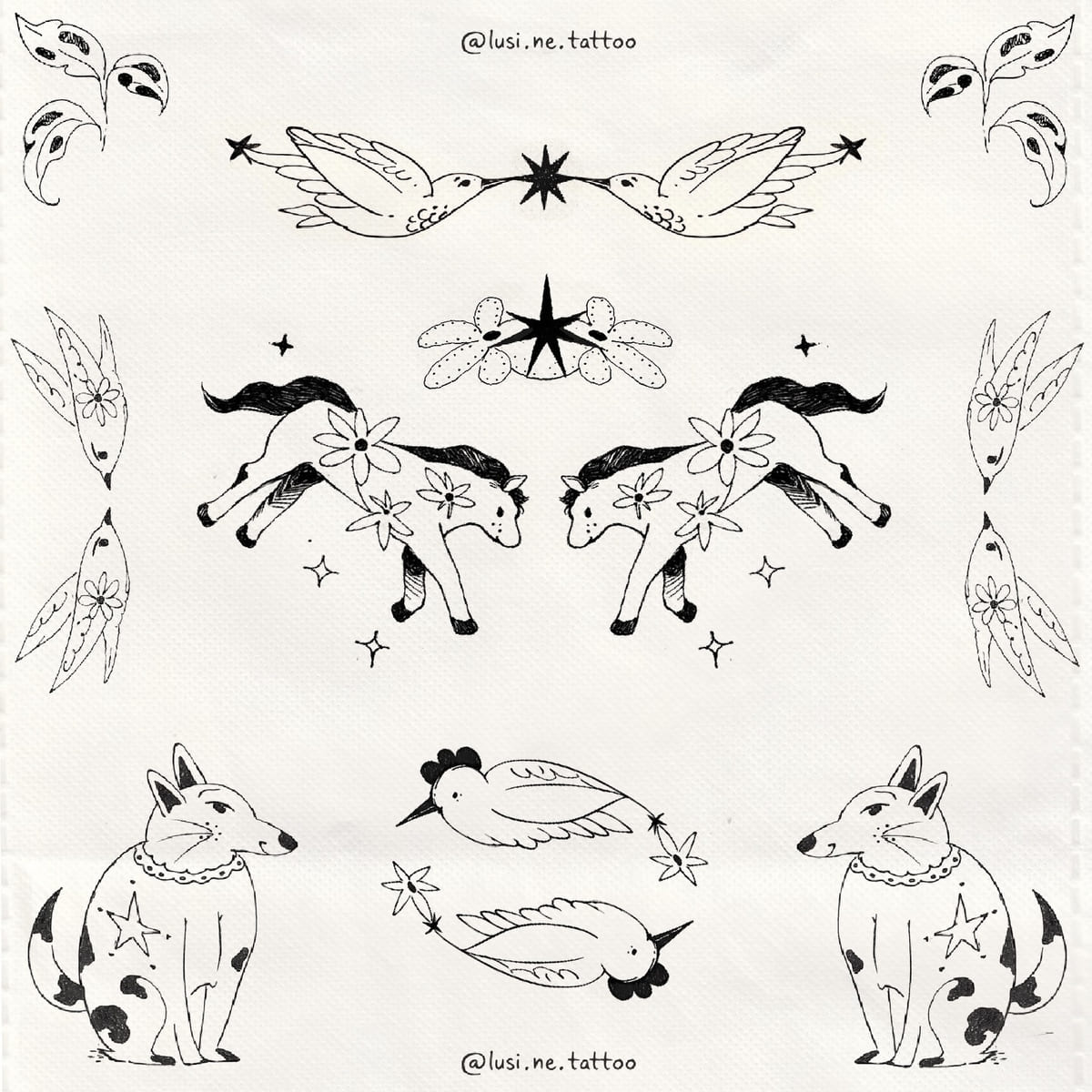 Folk flash sheet in black: doves facing a star, flowered horses, starred dogs, small birds, leaves